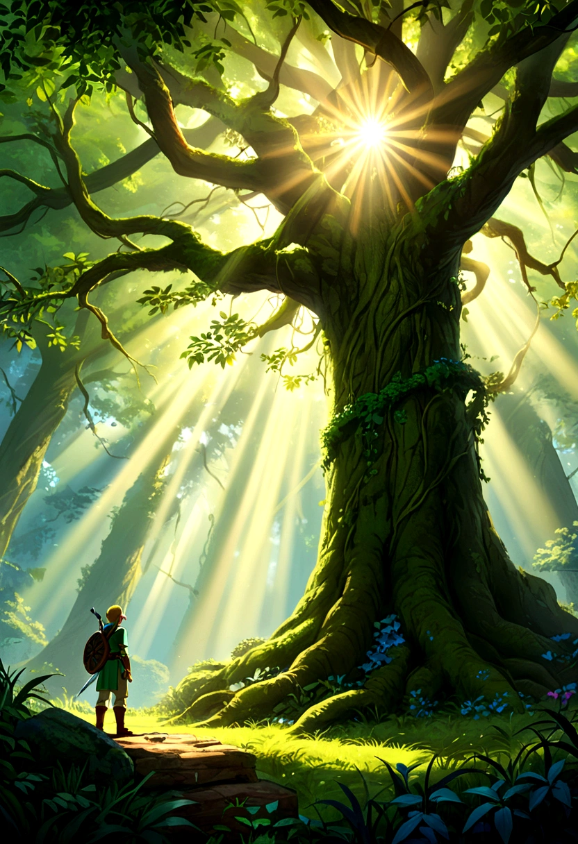 (The Legend of Zelda), Brave Link under a ancient tree, the towering ancient tree look mysterious and majestic under the sunlight, the fluorescent vines that illuminate the forest shine with extraordinary light, tranquil forest, full body, (Photography), panoramic view, award-winning, cinematic still, emotional, vignette, dynamic, vivid, (masterpiece, best quality, Professional, perfect composition, very aesthetic, absurdres, ultra-detailed, intricate details:1.3)