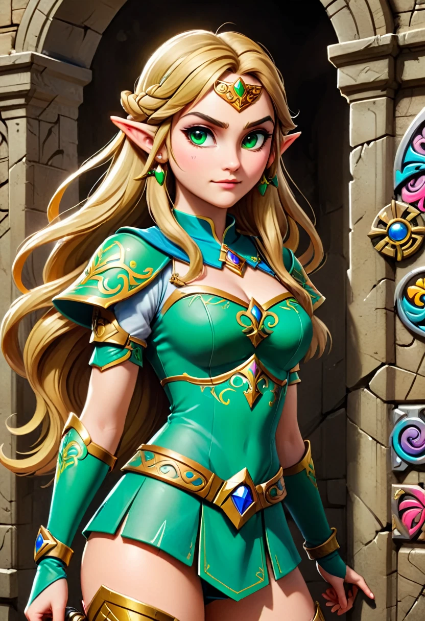 uma pintura de grafite na parede do castelo da princesa Zelda na parede de um castelo, ,Princess Zelda (detalhes intensos, obra de arte, melhor qualidade: 1.5), rosto ultra detalhado, ultra feminine, Pele clara, beleza requintada, cabelo dourado, cabelo longo, Cabelo ondulado, pequenas orelhas pontudas, cor dinâmica dos olhos, vestindo armadura pesada verde e branca, metal brilhante, Armado com Espada Élfica, ais-graffiti, estilo de arte chumbasket