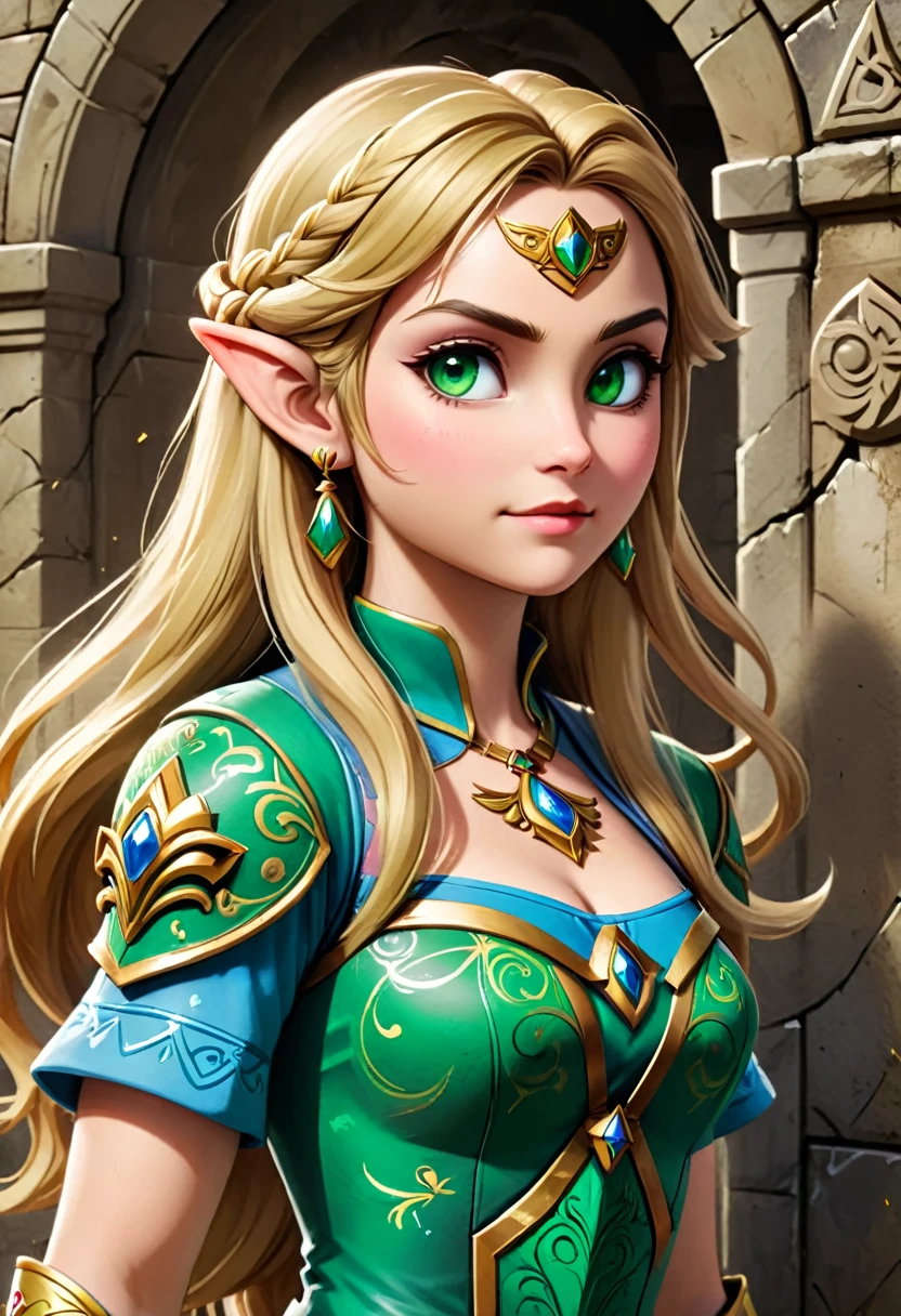 uma pintura de grafite na parede do castelo da princesa Zelda na parede de um castelo, ,Princess Zelda (detalhes intensos, obra de arte, melhor qualidade: 1.5), rosto ultra detalhado, ultra feminine, Pele clara, beleza requintada, cabelo dourado, cabelo longo, Cabelo ondulado, pequenas orelhas pontudas, cor dinâmica dos olhos, vestindo armadura pesada verde e branca, metal brilhante, Armado com Espada Élfica, ais-graffiti, estilo de arte chumbasket