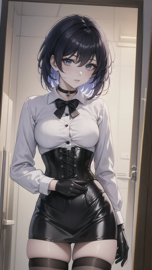 chef-d&#39;œuvre, bel art, artiste professionnel, 8k, visage très détaillé, vêtements détaillés, tissu détaillé, 1 fille, Plénitude de l&#39;âme \(Honkai Impact 3e\), vue de face, debout, corps parfaitement dessiné, expression timide, peau pâle, Beau visage, cheveux courts bleu foncé, Yeux 4k, Yeux très détaillés, foulard:1.6, (chemise boutonnée blanche à manches longues et col blanc), gants noirs, des gants qui couvrent les mains, (corset en cuir noir), (mini jupe moulante noire brillante), Lèvres sensuelles, montrer les détails dans les yeux, Regarder le spectateur, Chambre élégante, la nuit