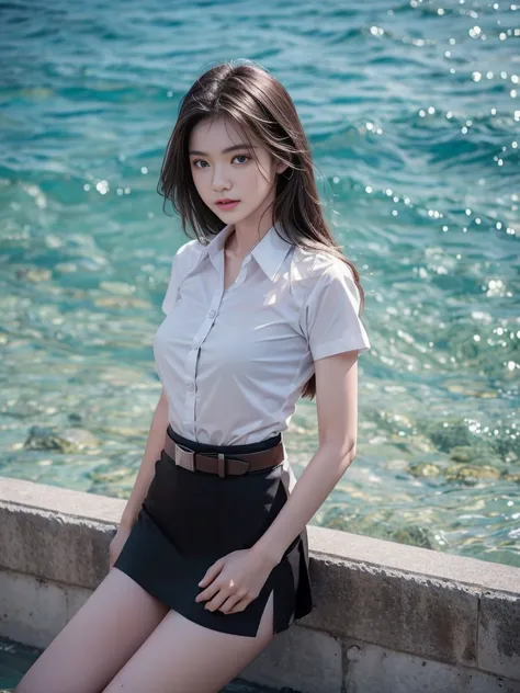 18s woman in thai university uniform, very beautiful, pretty, wet long straight hair, white wet plain short-sleeve button up shi...