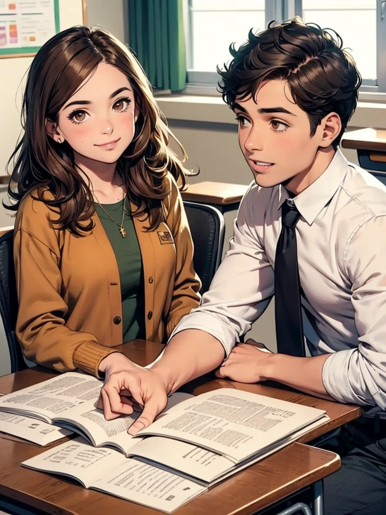 كاريكاتير لفتاة ذات شعر بني وبشرة الزيتون, تنظر إلى صبي ذو شعر بني وعينين بنيتين يجلس على مكتب المدرسة وابتسامة على وجهه