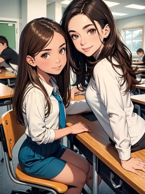Comics of a brown-haired girl with olive skin, looking at a boy with brown hair and brown eyes sitting at the school desk with a...