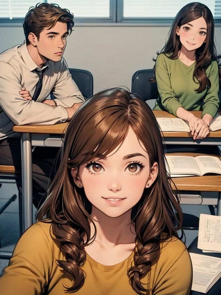 橄欖色皮膚的棕髮女孩漫畫, 看著一個棕色頭髮和棕色眼睛的男孩坐在課桌前，臉上掛著微笑