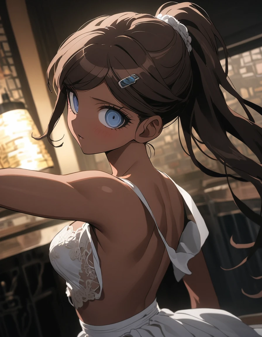 masterpiece,High resolution,8K,Detailed anatomy
(17-year-old girl,Danganronpa,Aoi Asahina,Brown skin,Brown Hair,ponytail,Barrette,Big blue eyes,Glamour)topless,Light blue panties,Overreaching