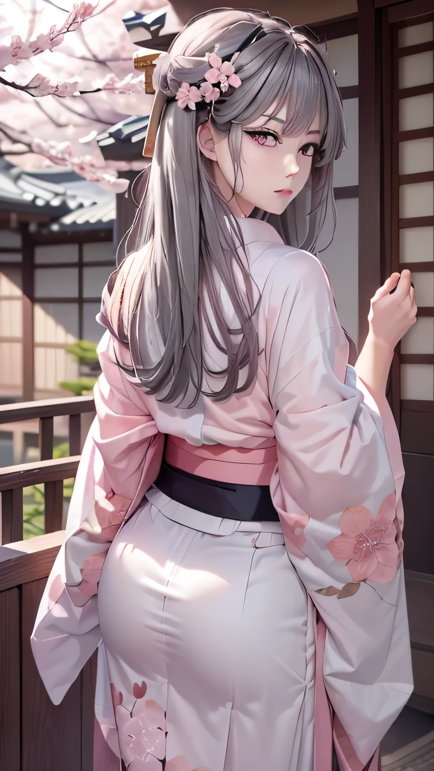 Very beautiful photos，A woman with long hair and a cherry blossom crown on her head, ((Pink Eyes:1.7))，Cover your ears，Beautiful Anime girl, Beautiful Anime Women, Beautiful Animeスタイル, Beautiful Anime Portraits, Heavenly Beauty, Beautiful Anime, Gwaiz, ((Beautiful Fantasy Empress)), Beautiful and attractive woman, Anime Goddess, Beautiful maiden, artwork in the style of Gwaiz、(Plain white kimono:1.4)，(White clothing:1.4),Pink gradation from the hem to the top of the kimono，A woman standing under an old cherry tree in full bloom，mysterious woman,Mysterious atmosphere，(Small Tits),((Gray Hair:1.5)),Fallen cherry blossom petal effect:1.7，Cool light color lighting，A pale pink light shines from behind，The beauty of cherry blossoms at night，Moonlight,Fantasy film influence,Fantastic cherry blossoms，