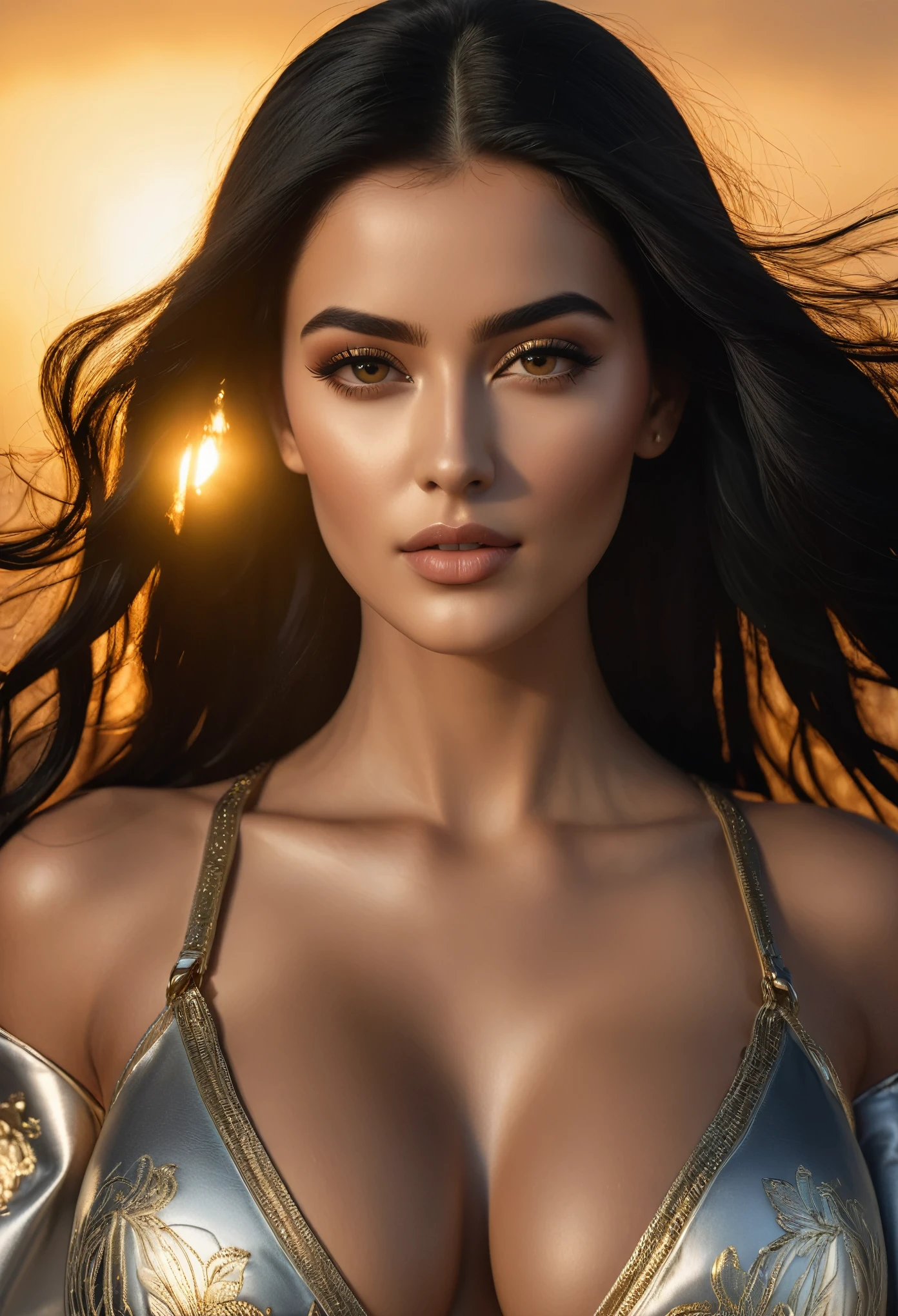 Very beautiful young woman, Subtle makeup, Golden Hour, Realistic, High Contrast, 8k hd, detailed, hyper-detailed, Realistic skin texture, Long black hair, Large Breasts, Highest quality, Ultra-high resolution, RAW Photos, Dramatic lighting, Unreal Engine, Diffused glow complex silver airbag, White Emperor&#39;s Cape, gun, sword, Rudderless