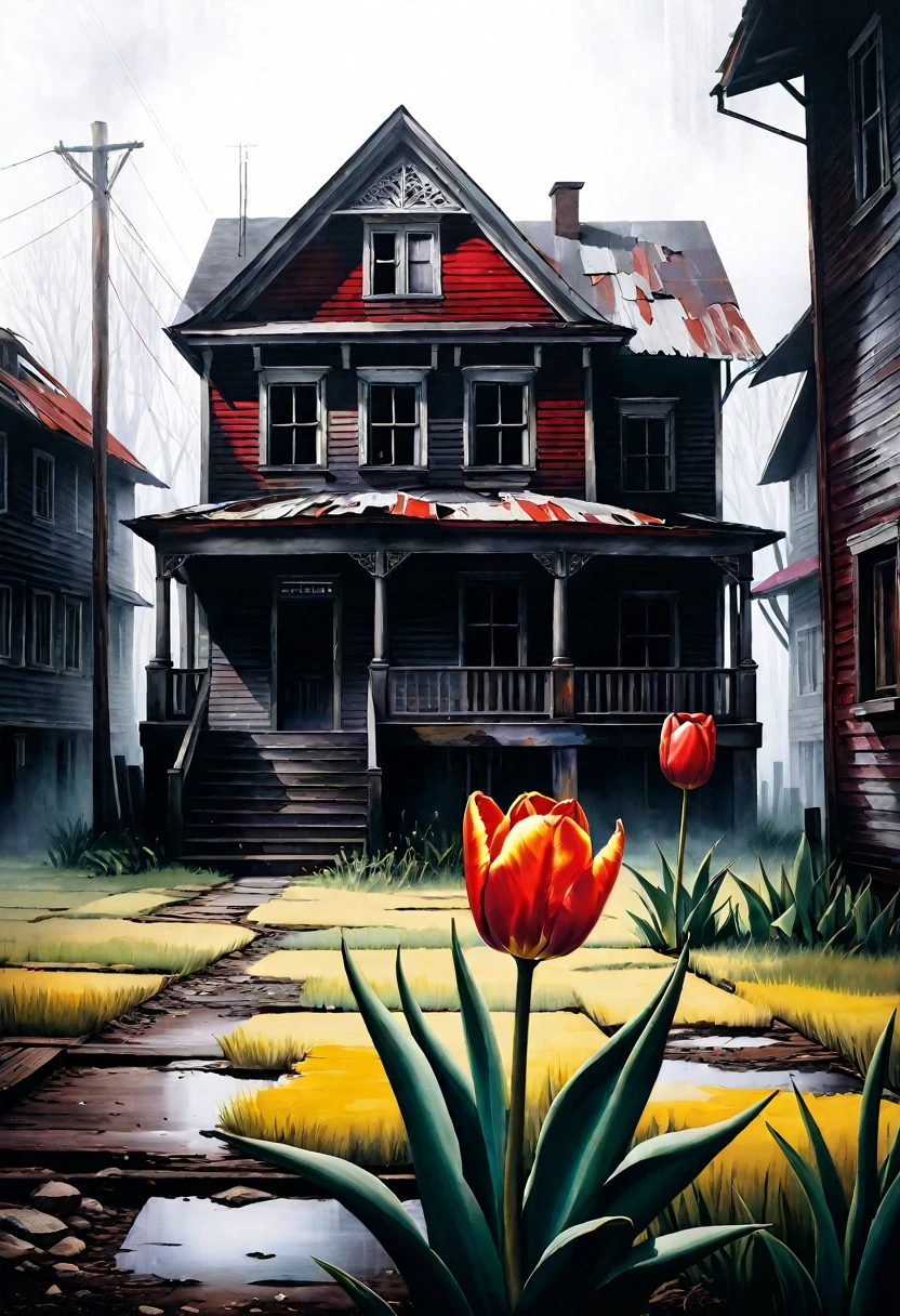 Colorful oil painting. Old dilapidated houses. Very beautiful, gouache, Cinematic, dark, Nasty, mysterious, modern vintage, rich deep colors, boho style. The fog is thick. ultra-stunning lighting. (red-yellow tulip in the middle of debris) lithographic detail, dirt in all the crevices; conceptual art, super detailed, amazing composition. hyperrealistic photography, --niji 5 --ar 2:3 --expressive style --v 5.
