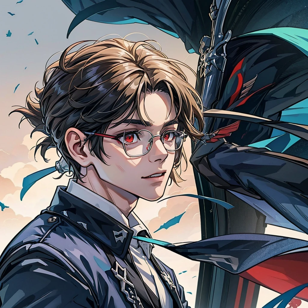 anime man wearing black reading glasses, chloro lucifer from hunter hunter, looking to the side at 60% angle, ((black hair)), (red eyes), (Korean men), handsome, medium shot, cinematic lighting, dramatic atmosphere, highly detailed, photorealistic, 8k, award winning digital art, pale smooth skin, white suit, holding a grimoire, fingers hidden, hand hidden from the camera