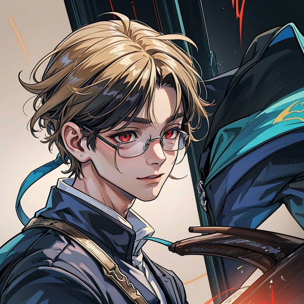 anime man wearing black reading glasses, chloro lucifer from hunter hunter, looking to the side at 60% angle, ((black hair)), (red eyes), (Korean men), handsome, medium shot, cinematic lighting, dramatic atmosphere, highly detailed, photorealistic, 8k, award winning digital art, pale smooth skin, white suit, holding a grimoire, fingers hidden, hand hidden from the camera