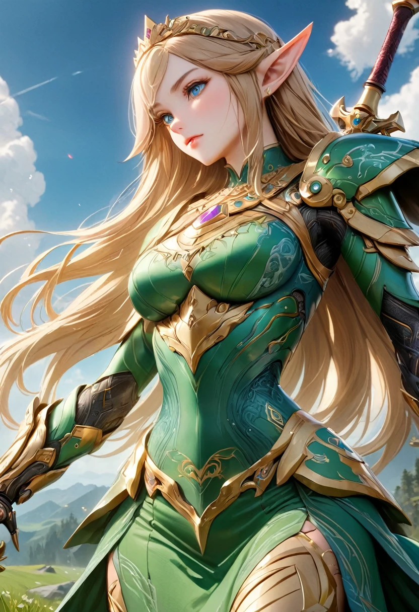 high details, best quality, 16k, [ultra detailed], masterpiece, best quality, (extremely detailed), full body, ultra wide shot, photorealistic, , fantasy art, dnd art, rpg art, realistic art, a wide angle, (((anatomically correct))) a wallpaper of an Princess Zelda, ready for battle with her mount (intense details, Masterpiece, best quality: 1.5),Princess Zelda (intense details, Masterpiece, best quality: 1.5), ultra detailed face, ultra feminine, fair skin, exquisite beauty, gold hair, long hair, wavy hair, small pointed ears, dynamic eyes color, wearing heavy green mech armor, shinning metal, armed with elven sword, green meadows, blue skies background and some clouds background depth of field (intricate details, Masterpiece, best quality: 1.5), full body (intricate details, Masterpiece, best quality: 1.5), high details, best quality, highres, ultra wide angle, Mechanical Creatures