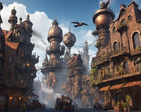 industrial city, surround with a wall, steampunk. there is a hotel, living space, ((airships)) in the sky, city gate, rusty and ...