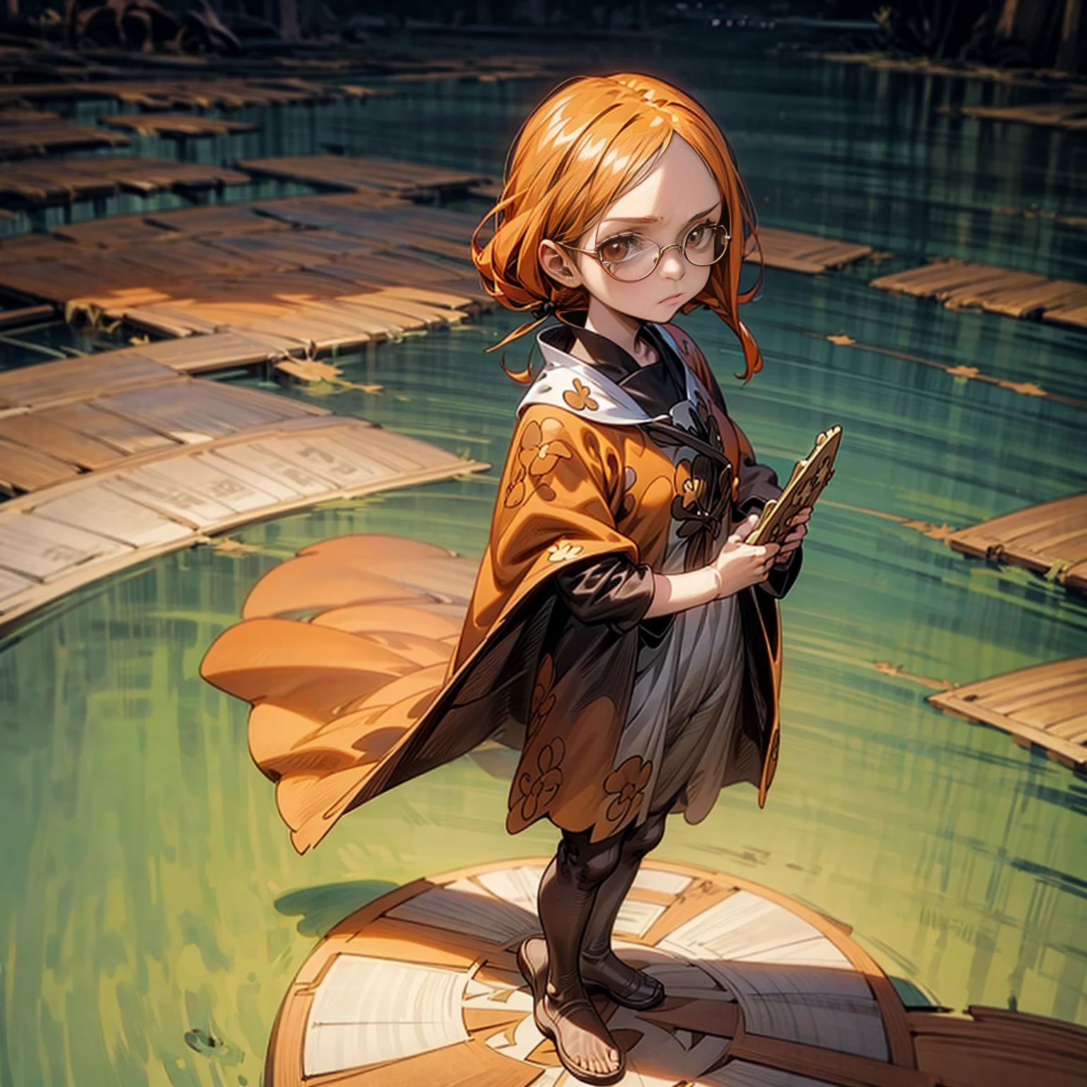 1childern girl, Full body version, 1character, children version, almond eyes, long haircut, orange colour hair, sad expression, glasses, medieval style clothing, map and Compass in hand, background in town, motion blur, (one piece style art)