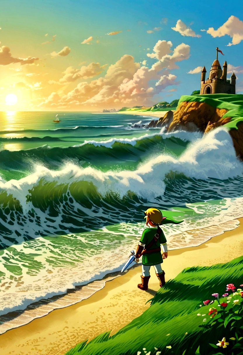 (la leyenda de Zelda), Enlace valiente, olas rompiendo contra la costa, Niños jugando en la playa, cuerpo completo, (fotografía), Vista panorámica, Premiado, fotograma cinematográfico, Emocional, Viñeta, dinámica, vívido, (obra maestra, mejor calidad, Profesional, composición perfecta, muy estetico, absurdos, ultra detallado, detalles intrincados:1.3)