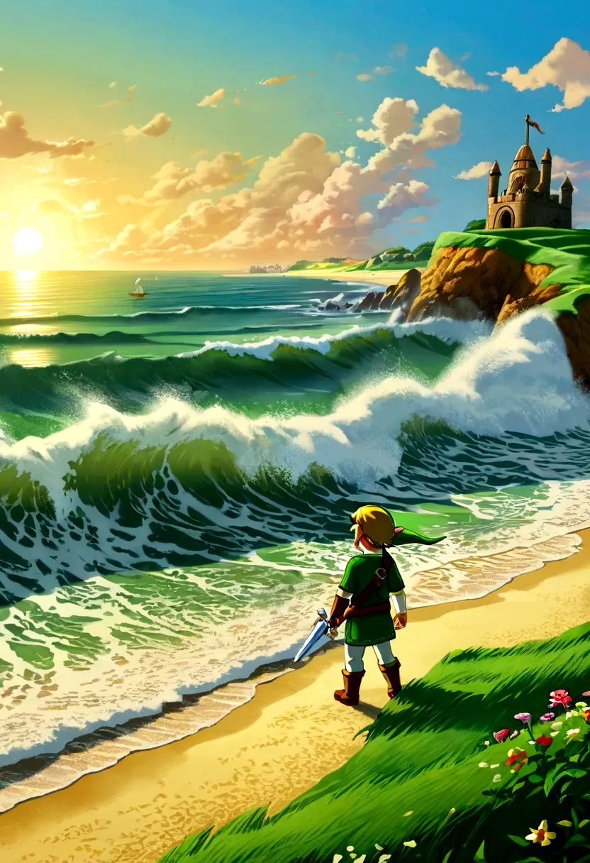 (The Legend of Zelda), Brave Link, waves crashing against the coast, children playing on the beach, full body, (Photography), pa...