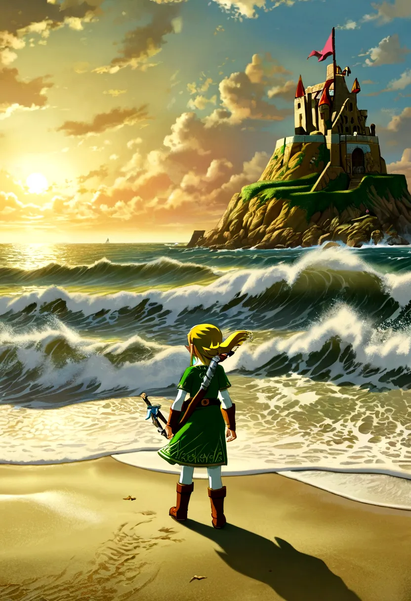 (The Legend of Zelda), female Zelda, waves crashing against the coast, children playing on the beach, full body, (Photography), ...