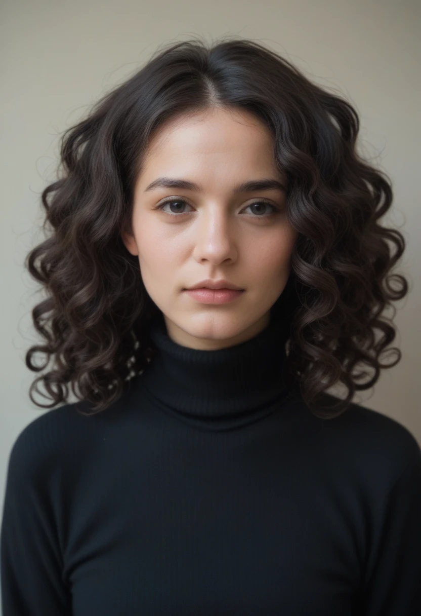 score_9,score_8_up,score_7_up,score_6_up BREAK source_real,raw,photo,realistic BREAK an woman,clean skin,wearing a black turtleneck sweater,soft hair,black long curly hair,looking at the camera,