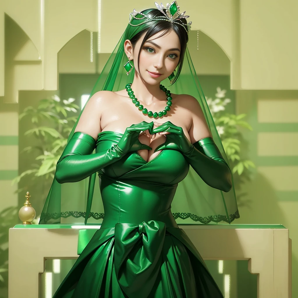 Emerald tiara, colar de pérolas verdes, juvenil, cabelo preto super curto, batom, mulher japonesa sorridente, cabelo muito curto,  Grande lindo, olhos verdes, Luvas compridas de cetim verde, olhos verdes, Brincos Esmeralda, Véu verde, Coração com as duas mãos