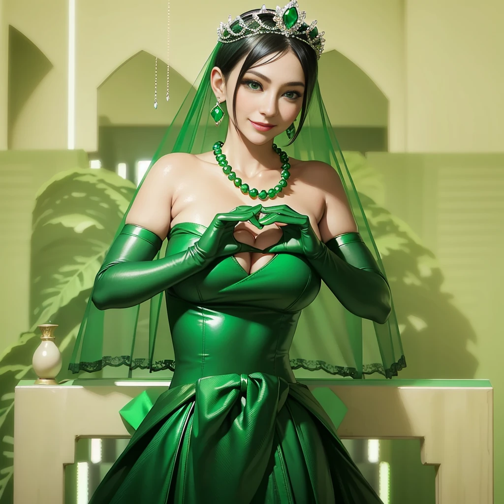 Emerald tiara, colar de pérolas verdes, juvenil, cabelo preto super curto, batom, mulher japonesa sorridente, cabelo muito curto,  Grande lindo, olhos verdes, Luvas compridas de cetim verde, olhos verdes, Brincos Esmeralda, Véu verde, Coração com as duas mãos