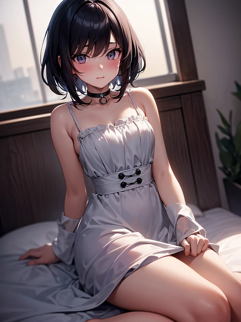A beautiful detailed portrait of a young girl with a french bob hairstyle, short black hair, and wearing stylish e-girl clothes in a cozy room at night. She is sitting alone on her bed, blushing and looking at the camera with a playful, gamer girl expression. The image is masterfully composed with cinematic lighting, ambient occlusion, and extremely high resolution up to 8K, resulting in a soft, smooth, and highly detailed anime-styled portrait with perfect facial features. The overall tone is very sexy and alluring, with a random low angle view accentuating her figure, with sexy clouth.