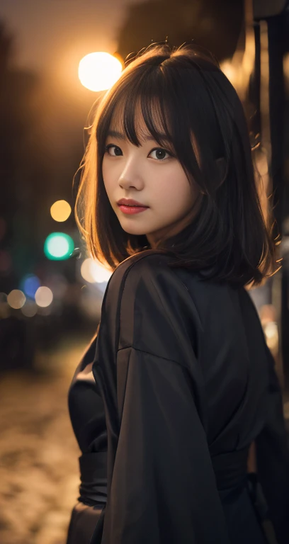 (A pretty detailed woman in a black kimono dress, korean bob_hair_side_bangs, fair skin, dark lips, walking in a snowy night, turning around to see the camera, dark background, sunset, extremely detailed skin, extremely detailed eyes, depth of field, 8k, dslr, dim lighting, warm_focus_light, high quality, film grain, the_cowboy_shot)