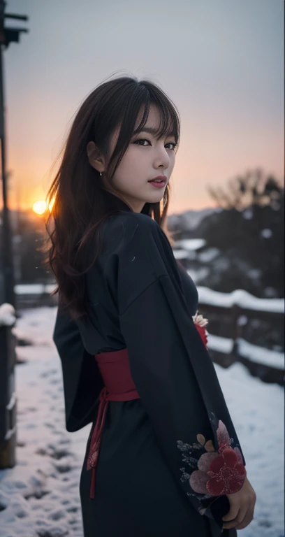 (A pretty detailed woman in a black kimono dress, korean bob_hair_side_bangs, fair skin, dark lips, walking in a snowy night, turning around to see the camera, dark background, sunset, extremely detailed skin, extremely detailed eyes, depth of field, 8k, dslr, dim lighting, warm_focus_light, high quality, film grain, the_cowboy_shot)