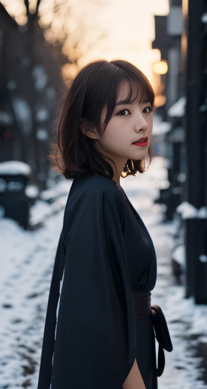 (A pretty detailed woman in a black kimono dress, korean bob_hair_side_bangs, fair skin, dark lips, walking in a snowy night, turning around to see the camera, dark background, sunset, extremely detailed skin, extremely detailed eyes, depth of field, 8k, dslr, dim lighting, warm_focus_light, high quality, film grain, the_cowboy_shot)