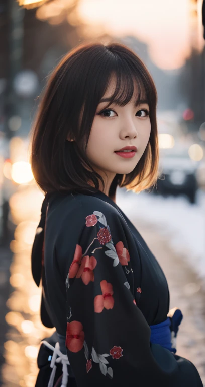 (A pretty detailed woman in a black kimono dress, korean bob_hair_side_bangs, fair skin, dark lips, walking in a snowy night, turning around to see the camera, dark background, sunset, extremely detailed skin, extremely detailed eyes, depth of field, 8k, dslr, dim lighting, warm_focus_light, high quality, film grain, the_cowboy_shot)