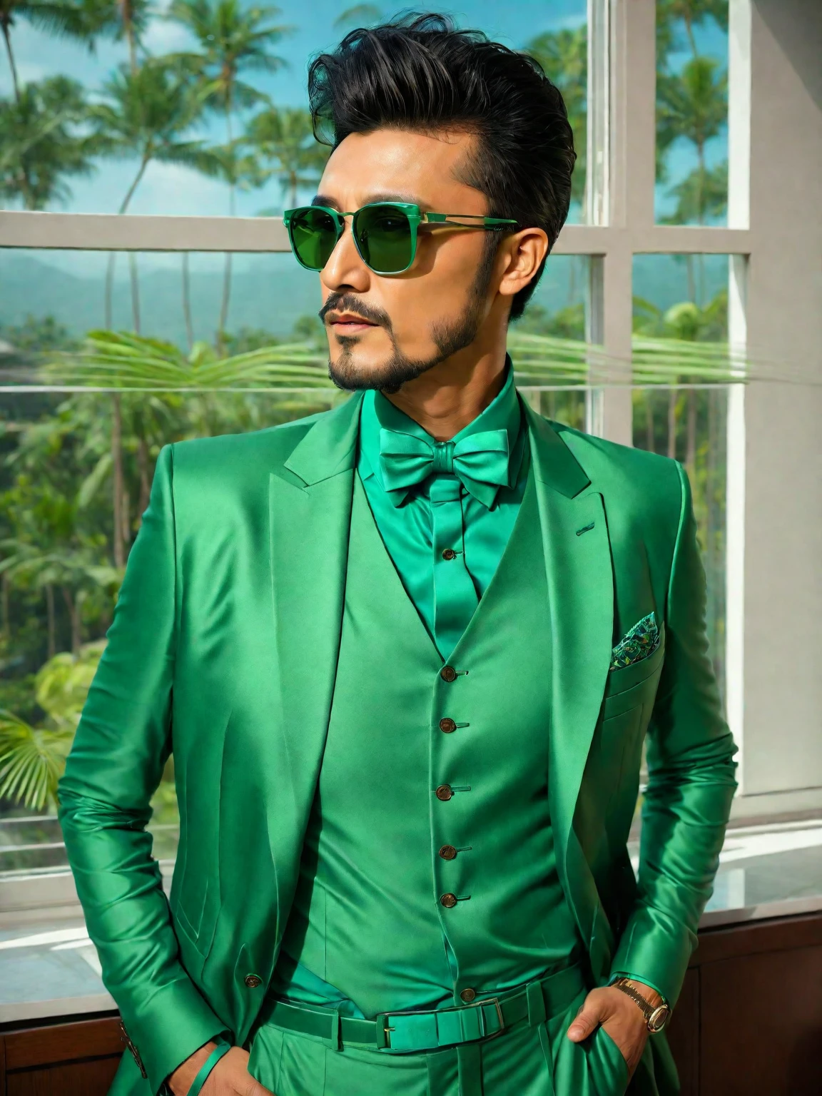 araffe dressed in a green suit and sunglasses standing in front of a window, wearing green suit, green suit and bowtie, wearing green jacket, wearing fashion suit, teal suit, with sunglass, in style of kar wai wong, in suit with black glasses, mohamed chahin style, wearing a colorful men's suit, full body photogenic shot, green shades