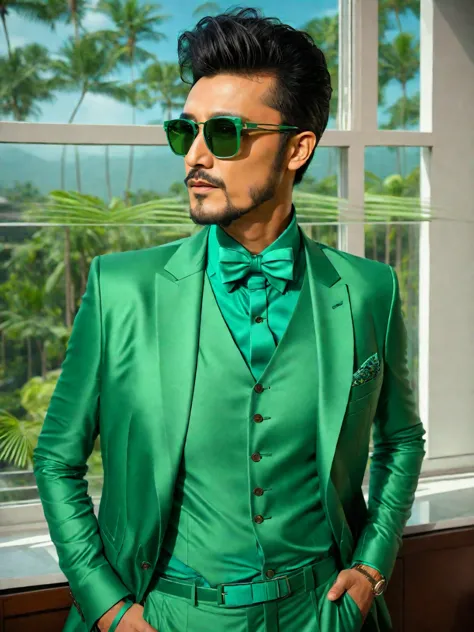 araffe dressed in a green suit and sunglasses standing in front of a window, wearing green suit, green suit and bowtie, wearing ...