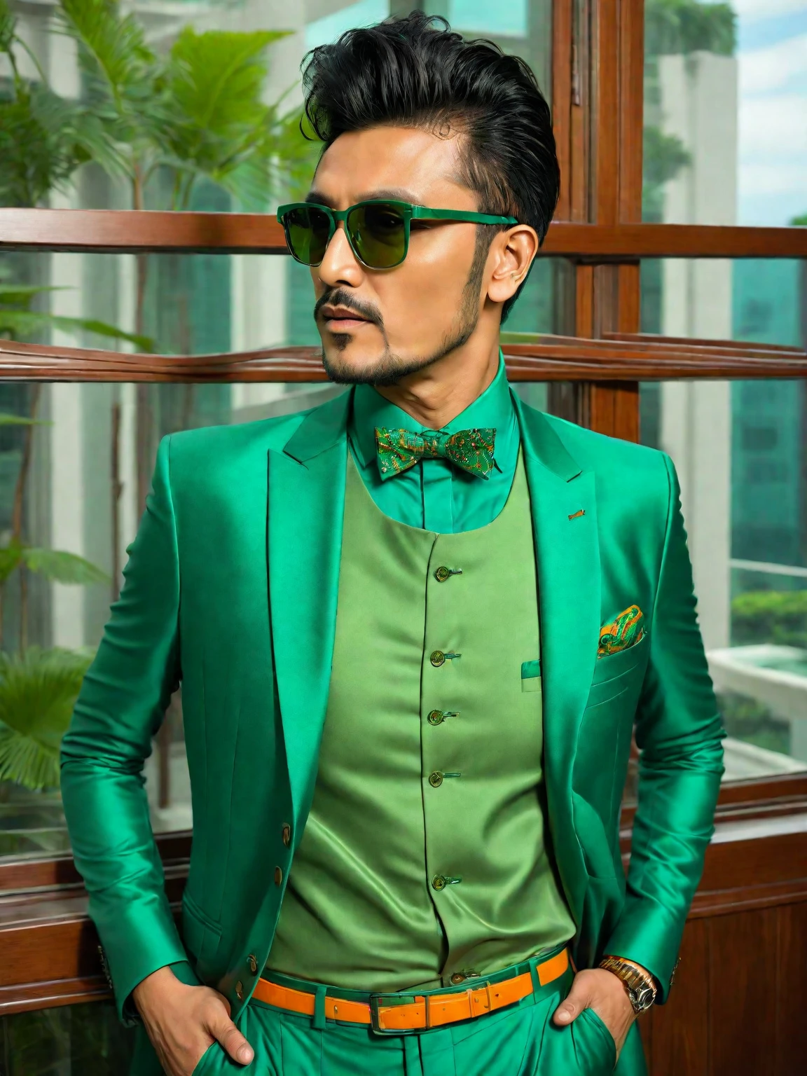 araffe dressed in a green suit and sunglasses standing in front of a window, wearing green suit, green suit and bowtie, wearing green jacket, wearing fashion suit, teal suit, with sunglass, in style of kar wai wong, in suit with black glasses, mohamed chahin style, wearing a colorful men's suit, full body photogenic shot, green shades