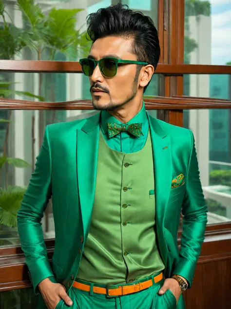 araffe dressed in a green suit and sunglasses standing in front of a window, wearing green suit, green suit and bowtie, wearing ...