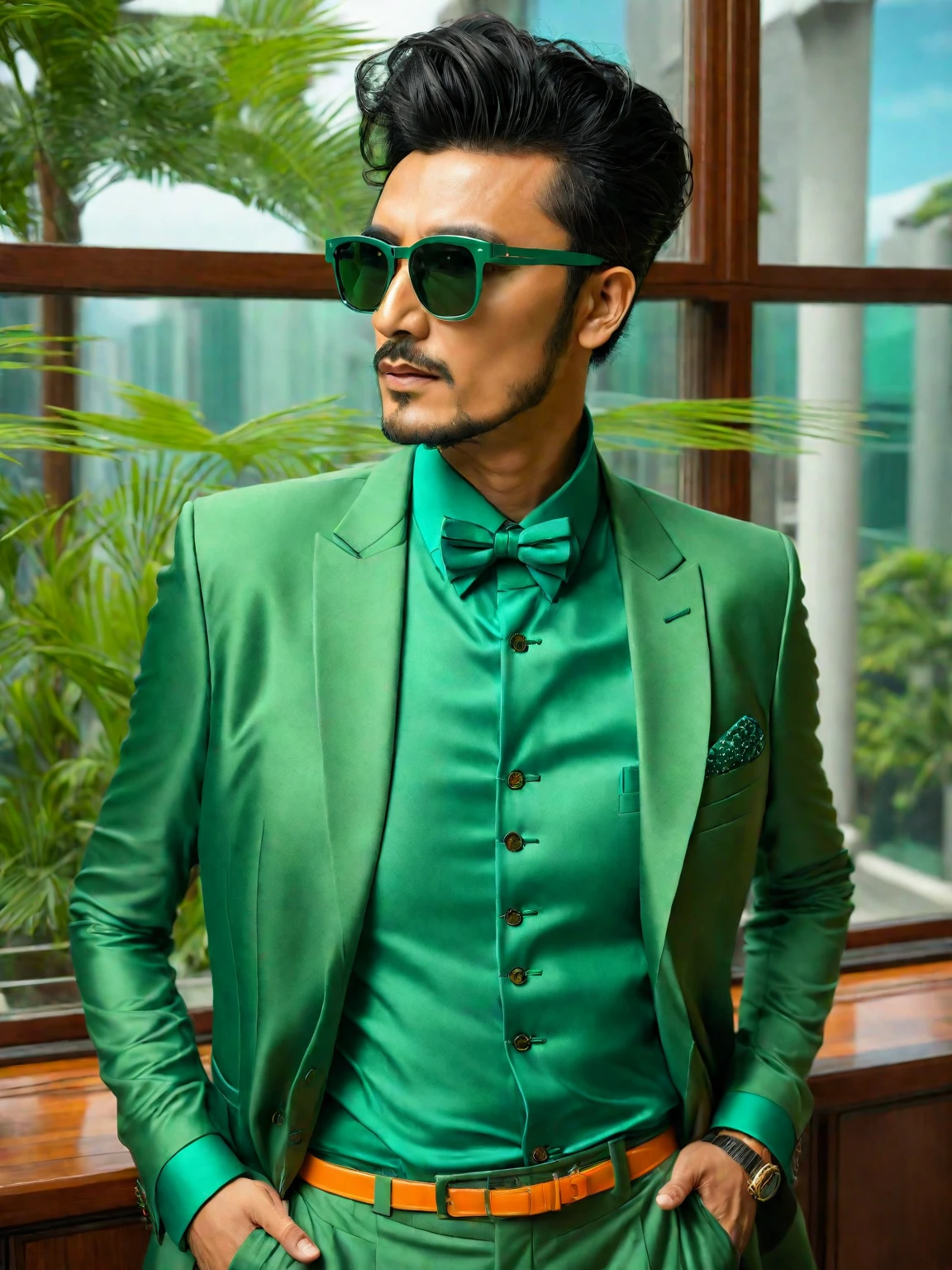 araffe dressed in a green suit and sunglasses standing in front of a window, wearing green suit, green suit and bowtie, wearing green jacket, wearing fashion suit, teal suit, with sunglass, in style of kar wai wong, in suit with black glasses, mohamed chahin style, wearing a colorful men's suit, full body photogenic shot, green shades