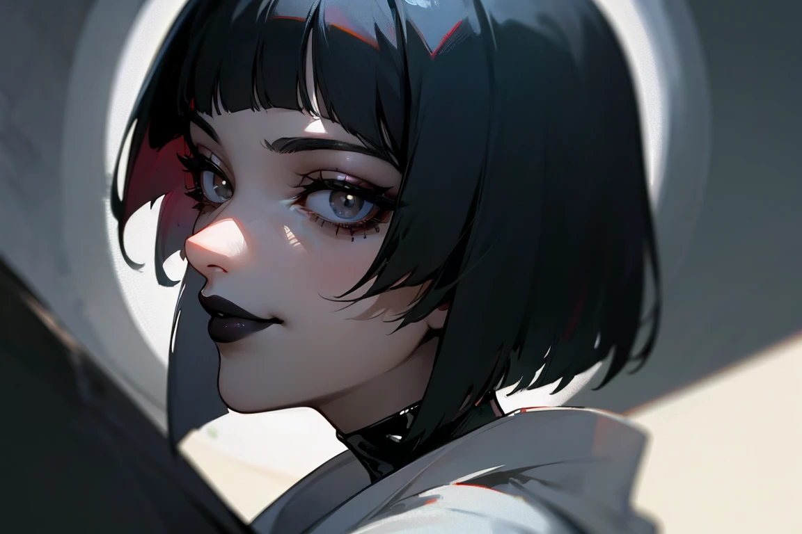 (masterpiece, best quality, Full HD), extreme close up, tilted angle, side view, woman portrait, gothic, bob cut black hair, black lipstick, black eyelashes, doctor white coat, bokeh, blur, smirk