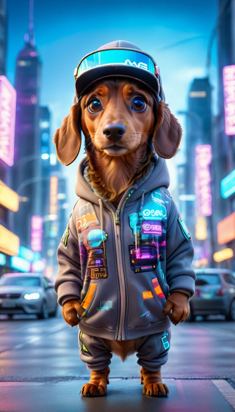 Cute brown dachshund with fluffy fur dressed in urban clothes, 1 hoodie, Futuristic visor hat, In a high-tech cityscape with neon lights and holographic signs、Standing on the road. The background is modern and cyberpunk, High-tech vibe. Adorable digital painting, 3D Rendering, Bright lighting, Vibrant colors.