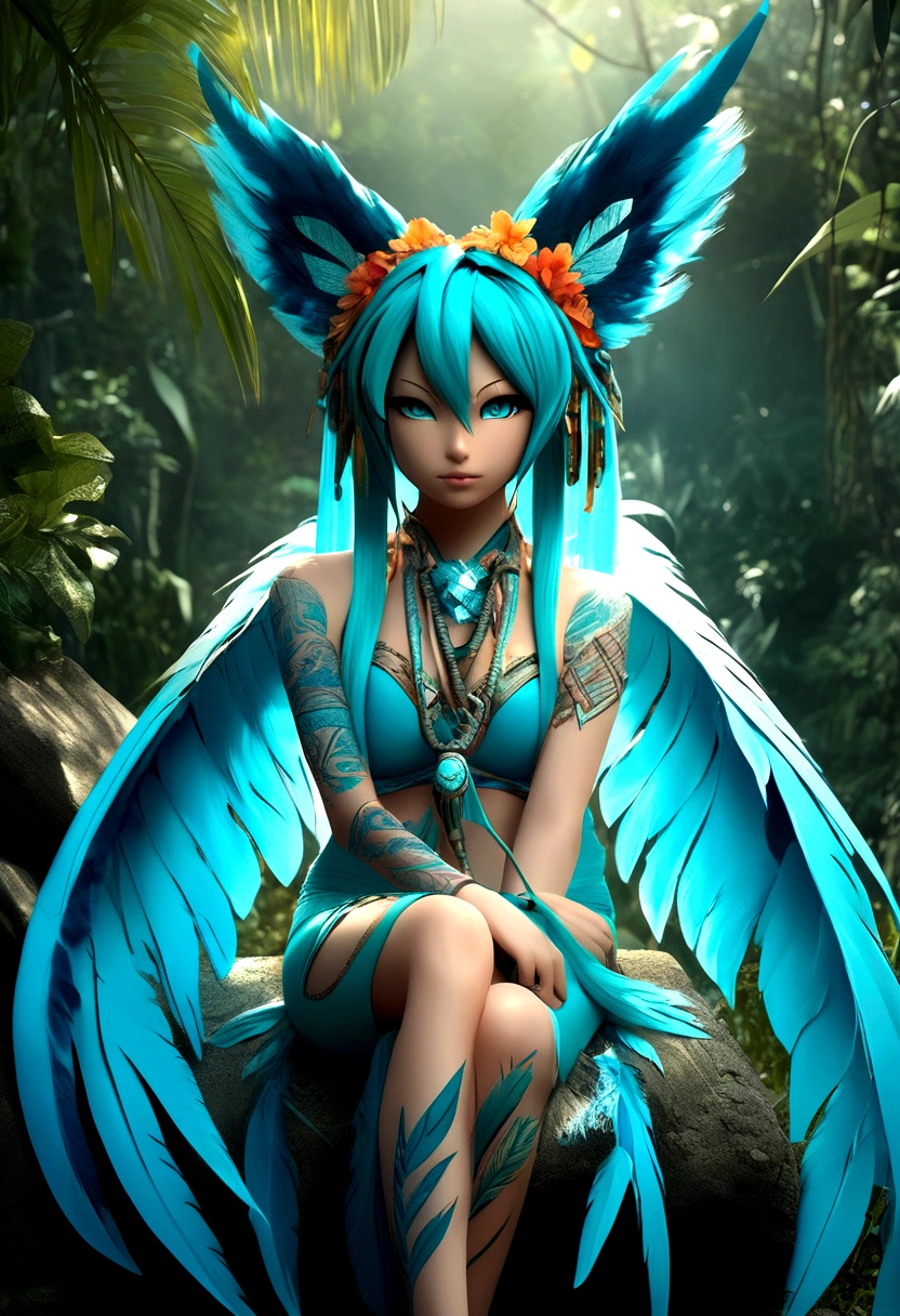 Miku Hatsune, add high definition add_detail:1, blue fur,kitsune ears, tribal tattoo add_detail:1, in ruins in the jungle, barefoot, tribal costume add_details:1, giant aquamarine feather wings_detailsl:1 ,alas hermosas la mejor calidad y detail en las plumas, add blue saturation light_detailsl, sensual pose