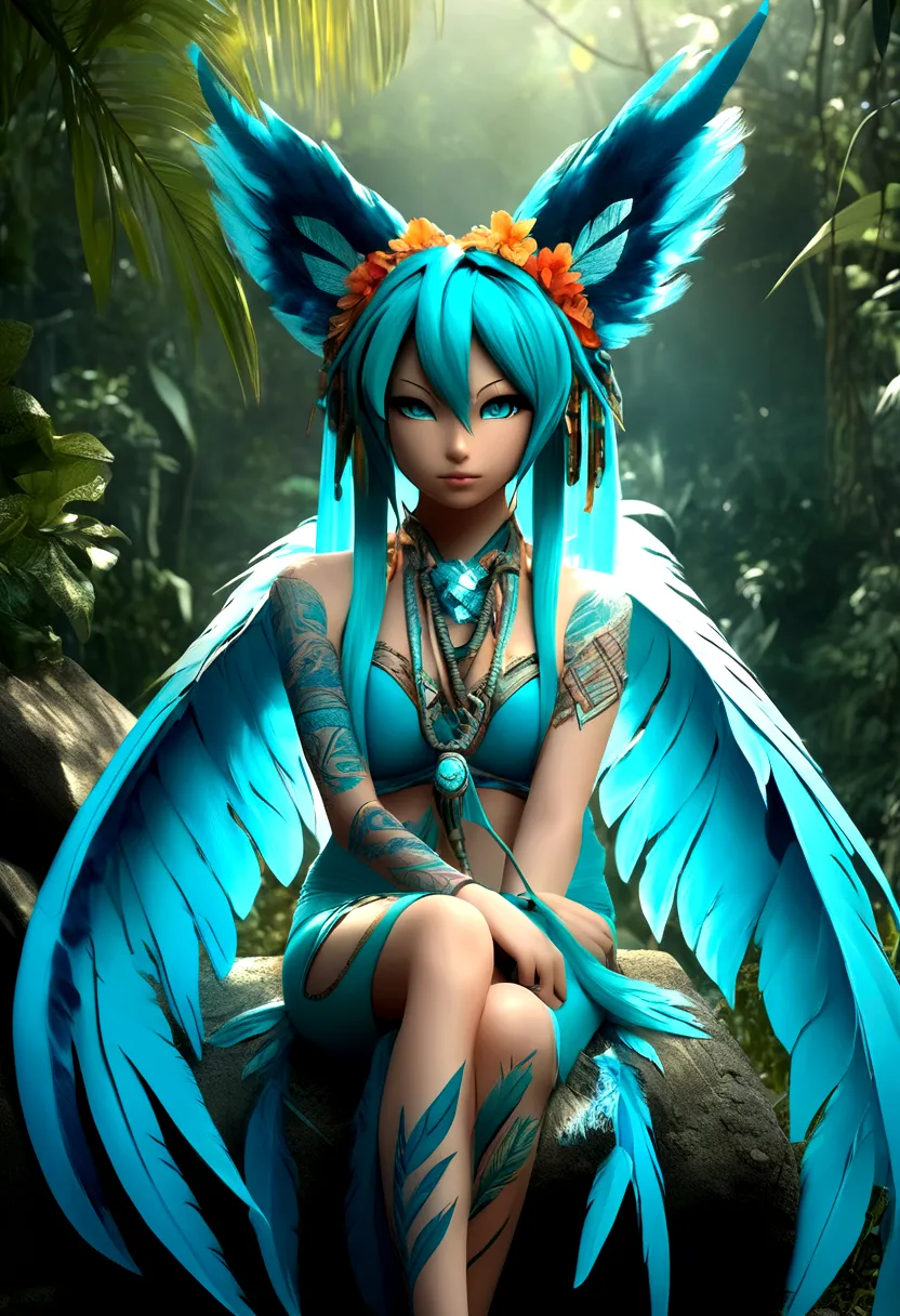 Miku Hatsune, add high definition add_detail:1, blue fur,kitsune ears, tribal tattoo add_detail:1, in ruins in the jungle, baref...