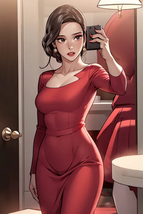 there is a woman taking a selfie in a mirror, sexy red dress, tight dress, red dress, wearing red dress, wearing a red dress, in...