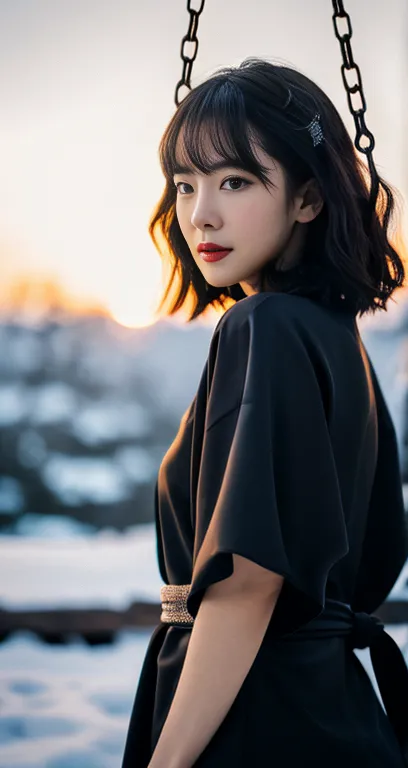 (A plain-looking detailed woman in a black kimono dress, korean bob_hair_side_bangs, fair skin, dark lips, walking in a snowy ni...