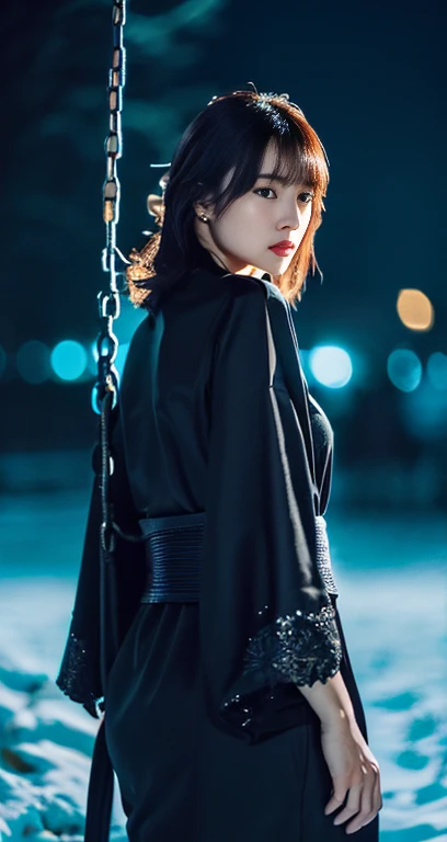 (A plain-looking detailed woman in a black kimono dress, korean bob_hair_side_bangs, fair skin, dark lips, walking in a snowy night, turning around to swing her hair like a shampoo CF, dark background, sunset, extremely detailed skin, extremely detailed eyes, depth of field, 8k, dslr, dim lighting, warm_focus_light, high quality, film grain, the_cowboy_shot) #BecauseImWorthIt #GrandpaJokes #DieHard