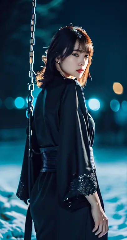 (A plain-looking detailed woman in a black kimono dress, korean bob_hair_side_bangs, fair skin, dark lips, walking in a snowy ni...