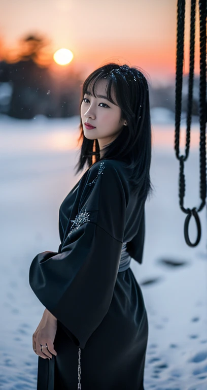 (A plain-looking detailed woman in a black kimono dress, korean bob_hair_side_bangs, fair skin, dark lips, walking in a snowy night, turning around to swing her hair like a shampoo CF, dark background, sunset, extremely detailed skin, extremely detailed eyes, depth of field, 8k, dslr, dim lighting, warm_focus_light, high quality, film grain, the_cowboy_shot) #BecauseImWorthIt #GrandpaJokes #DieHard