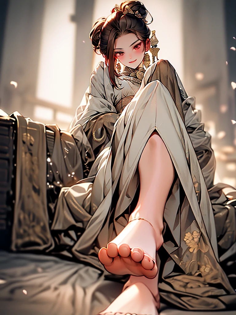 A beautiful detailed portrait of a young girl with a french bob hairstyle, short hair, and wearing stylish e-girl clothes in a cozy room at night. She is sitting alone on her bed, blushing and looking at the camera with a playful, gamer girl expression. The image is masterfully composed with cinematic lighting, ambient occlusion, and extremely high resolution up to 8K, resulting in a soft, smooth, and highly detailed anime-styled portrait with perfect facial features. The overall tone is very sexy and alluring, with a random low angle view accentuating her figure, with sexy clouth. In the Sexy Feet (sitting) pose