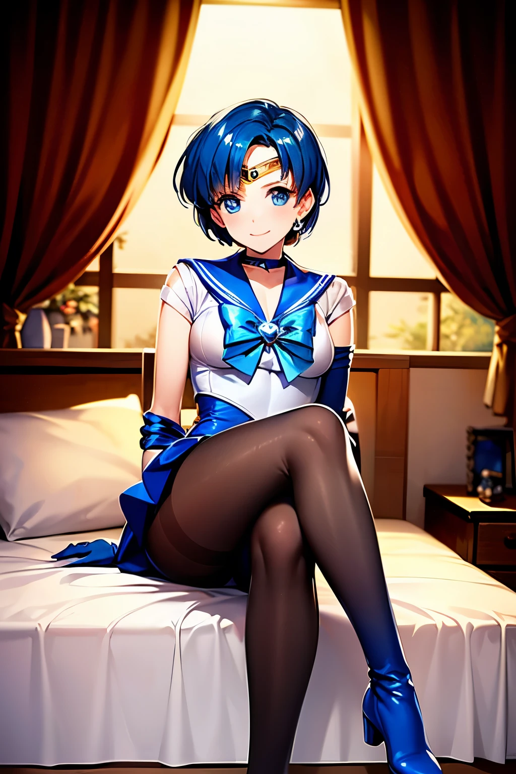 Highest quality, (masterpiece:1.2), Very detailed, 
One girl, alone,
View your viewers, smile, Medium chest, 
Water Eye, Blue Hair, short hair、((pantyhose))、Bedroom、((Sailor Mercury))、((Long gloves))、leotard、mini skirt、boots、(Sitting with legs crossed)