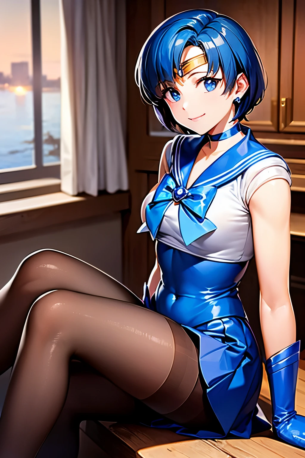 Highest quality, (masterpiece:1.2), Very detailed, 
One girl, alone,
View your viewers, smile, Medium chest, 
Water Eye, Blue Hair, short hair、((pantyhose))、Bedroom、((Sailor Mercury))、((Long gloves))、leotard、mini skirt、boots、(Sitting with legs crossed)