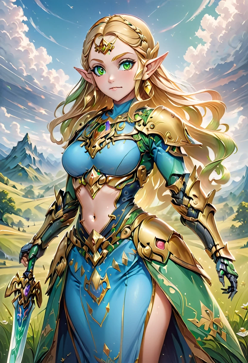 high details, best quality, 16k, [ultra detailed], masterpiece, best quality, (extremely detailed), full body, ultra wide shot, photorealistic, , fantasy art, dnd art, rpg art, realistic art, a wide angle, (((anatomically correct))) a wallpaper of an Princess Zelda, ready for battle with her mount (intense details, Masterpiece, best quality: 1.5),Princess Zelda (intense details, Masterpiece, best quality: 1.5), ultra detailed face, ultra feminine, fair skin, exquisite beauty, gold hair, long hair, wavy hair, small pointed ears, dynamic eyes color, wearing heavy green mech armor, shinning metal, armed with elven sword, green meadows, blue skies background and some clouds background depth of field (intricate details, Masterpiece, best quality: 1.5), full body (intricate details, Masterpiece, best quality: 1.5), high details, best quality, highres, ultra wide angle, Mechanical Creatures