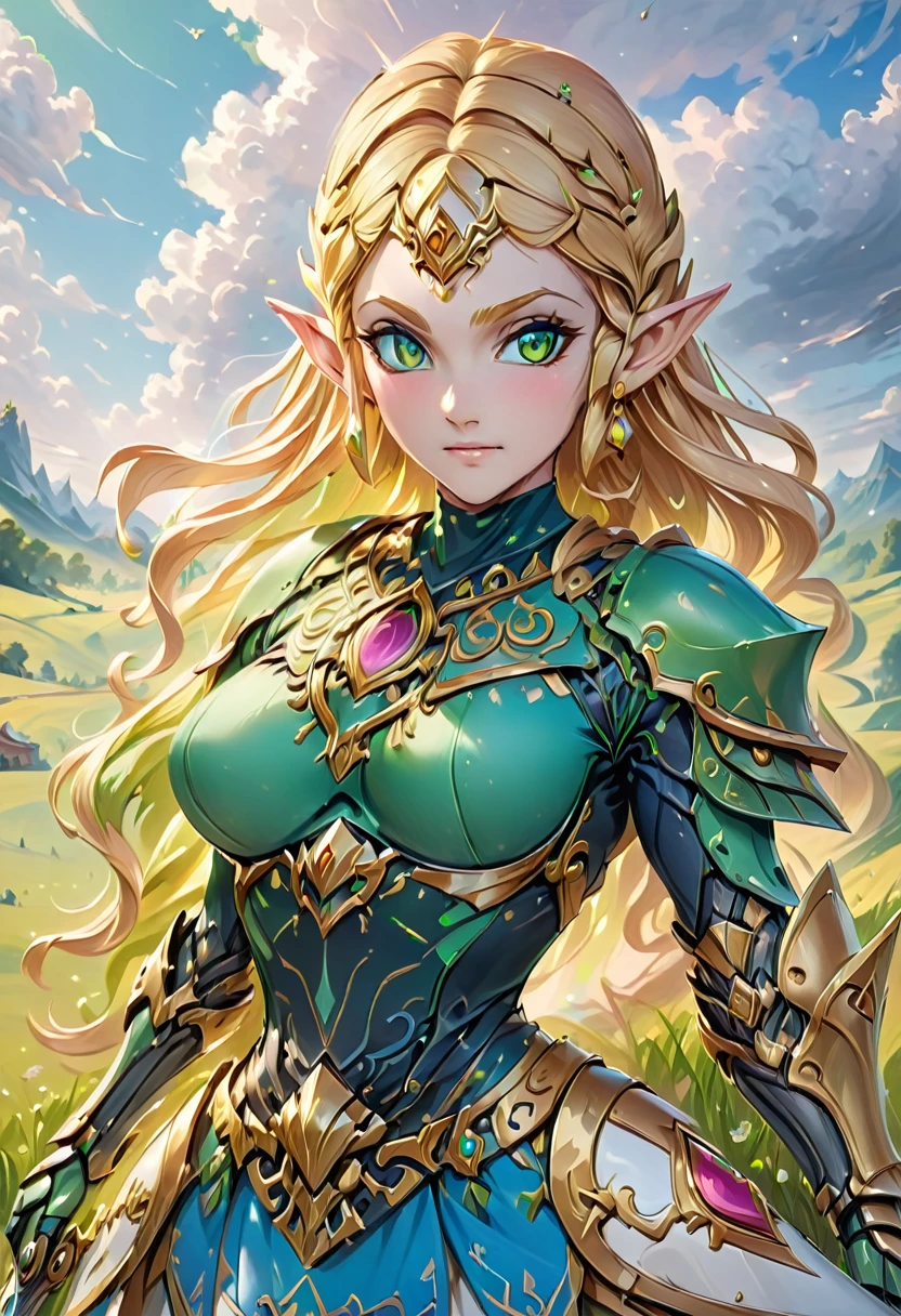 high details, best quality, 16k, [ultra detailed], masterpiece, best quality, (extremely detailed), full body, ultra wide shot, photorealistic, , fantasy art, dnd art, rpg art, realistic art, a wide angle, (((anatomically correct))) a wallpaper of an Princess Zelda, ready for battle with her mount (intense details, Masterpiece, best quality: 1.5),Princess Zelda (intense details, Masterpiece, best quality: 1.5), ultra detailed face, ultra feminine, fair skin, exquisite beauty, gold hair, long hair, wavy hair, small pointed ears, dynamic eyes color, wearing heavy green mech armor, shinning metal, armed with elven sword, green meadows, blue skies background and some clouds background depth of field (intricate details, Masterpiece, best quality: 1.5), full body (intricate details, Masterpiece, best quality: 1.5), high details, best quality, highres, ultra wide angle, Mechanical Creatures