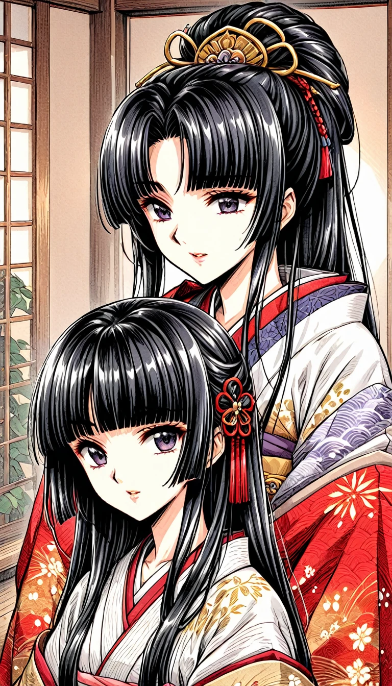 ((Highest quality)), ((masterpiece)), (detailed), （Perfect Face）、（The woman is a  princess from the Sengoku period in Japan., Long black hair and a beautiful face　Located in a luxurious samurai residence.、The woman is wearing a Japanese white kimono with a richly embroidered red shiny robe over it.　The red robe worn by Japanese princesses　Her hair is styled in a straight hime cut.　It is decorated with gorgeous ornaments from the Edo period.,   