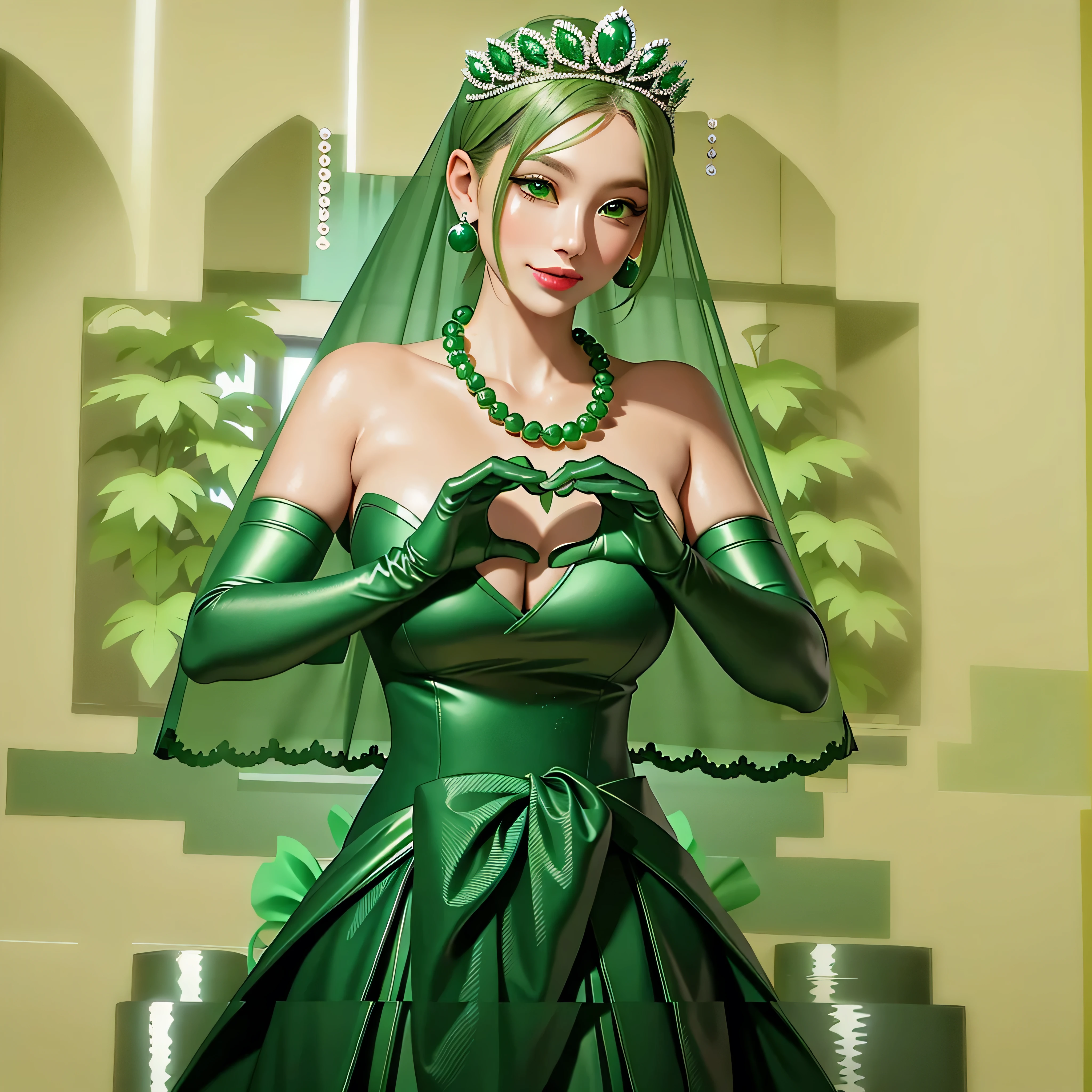 tiara esmeralda, Collar de perlas verdes, cabello verde muy corto y juvenil, labios verdes, mujer japonesa sonriente, pelo muy corto, Hermosa dama tetona, ojos verdes, Guantes largos de satén verde, ojos verdes, Pendientes Esmeralda, velo verde, Corazón con ambas manos, Pelo verde, hermosas mujeres japonesas, manos en forma de corazon:1.3, brillo de labios verde