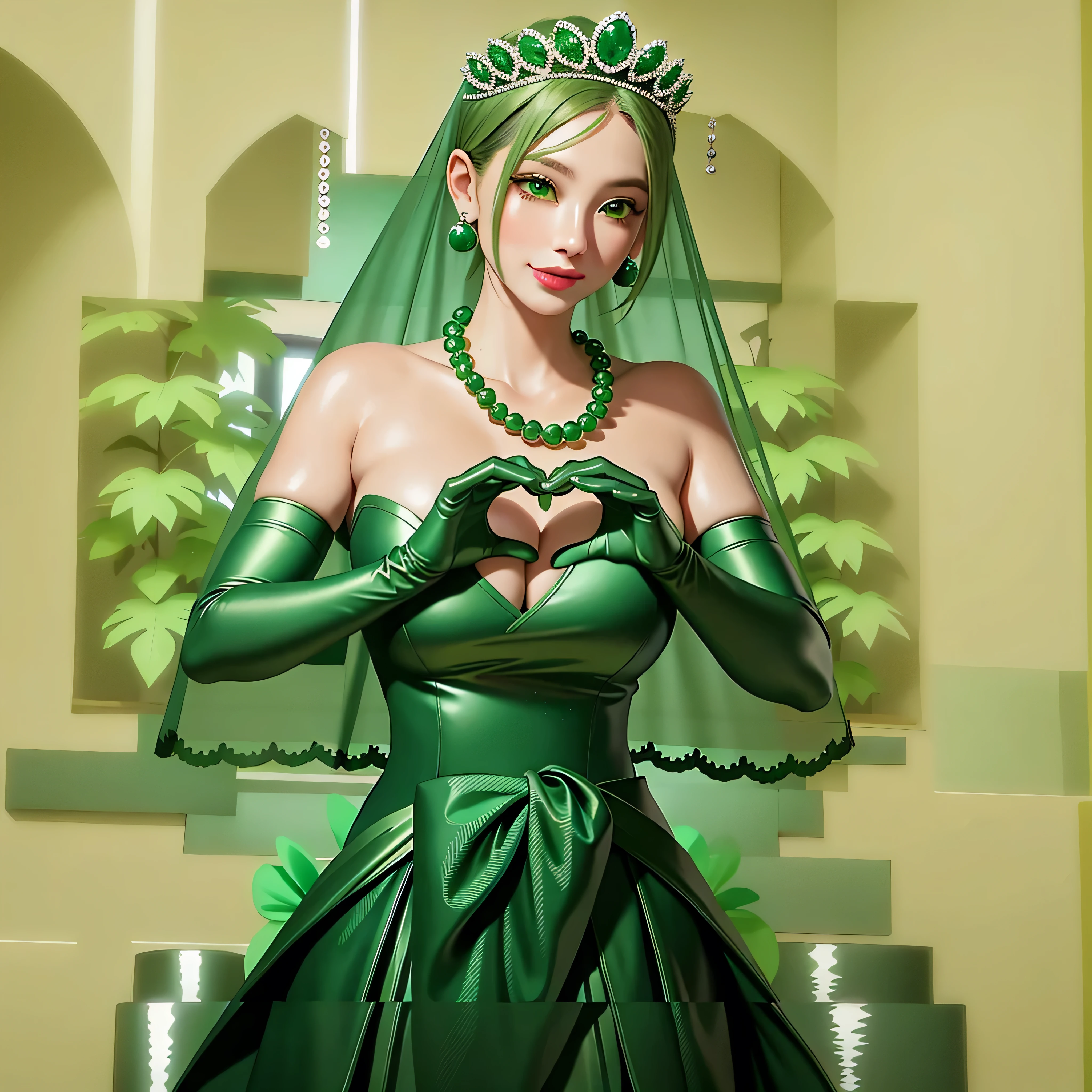 emerald tiara, Green Pearl Necklace, Boyish very short green hair, Green Lips, Smiling Japanese woman, Very short hair, Busty beautiful lady, Green Eyes, Green satin long gloves, Green Eyes, Emerald Earrings, Green veil, Heart with both hands, Green Hair, Beautiful Japanese Women, Heart shaped hands:1.3, green lip gloss